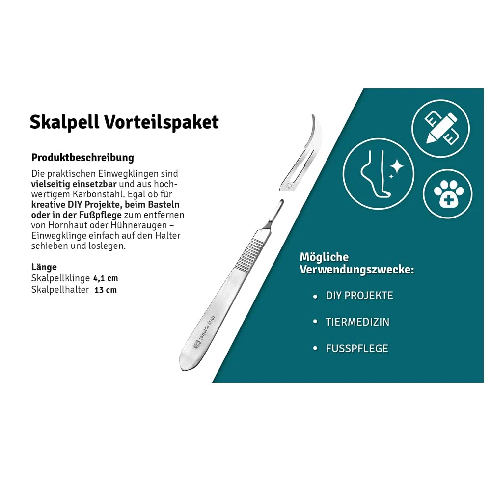 Sada - 50 kusů skalpelových čepelí tvar 12 z uhlíkové oceli - náhradní čepele jednotlivě sterilně balené + 1 x May - držák...
