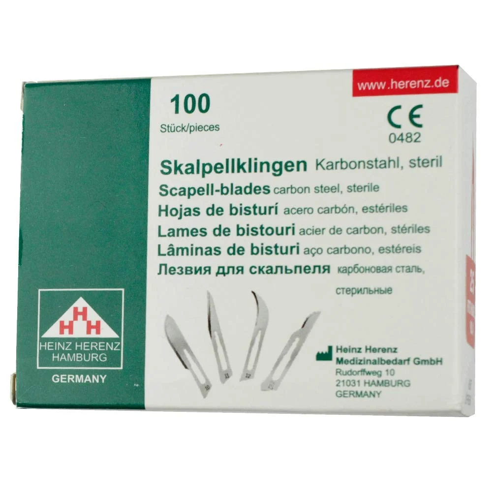 Sada - 100 kusů skalpelových čepelí tvar 25 z uhlíkové oceli - náhradní čepele jednotlivě sterilně balené + 1 x May - univ...