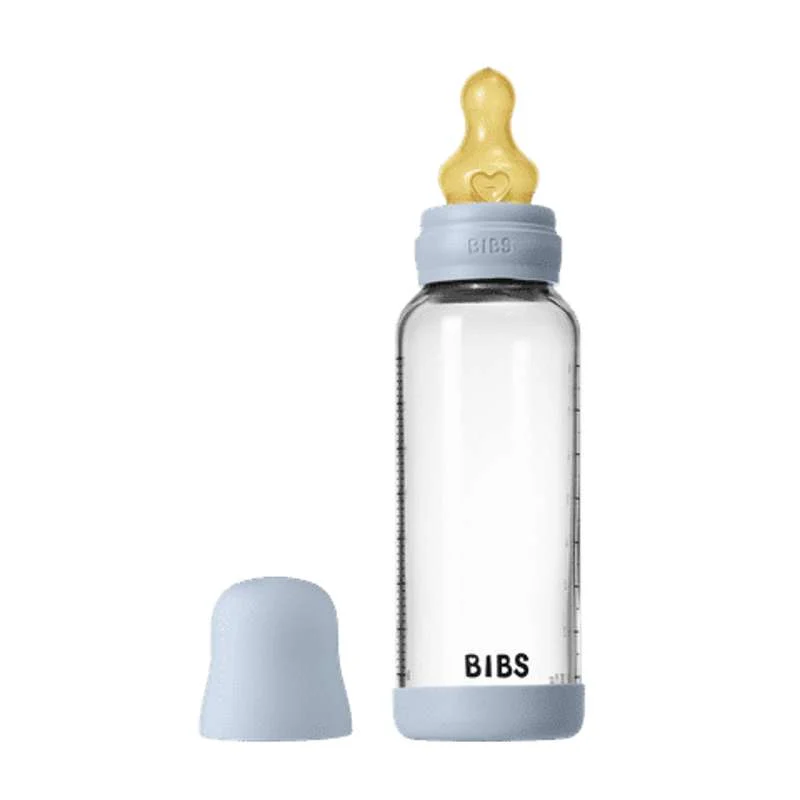 BIBS Bottle - Sutteflaskesæt - Glas - Latex/Medium Flow/Rund - 240 ml. - Baby Blue