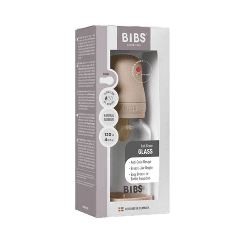 BIBS Bottle - Sutteflaskesæt - Glas - Latex/Slow Flow/Rund - 120 ml. - Blush