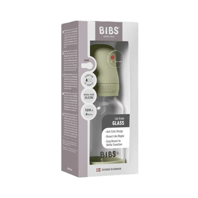 BIBS Bottle - Sutteflaskesæt - Glas - Silikone/Slow Flow/Rund - 120 ml. - Sage