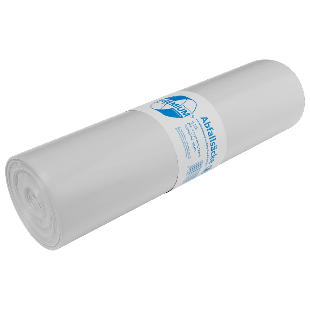 Deiss Premium ® - sacos de resíduos feitos de reciclagem LDPE 120 L, transparente | Papel (15 peças)