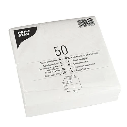 PAPSTAR 50 servietter, 2-lags 1/4 gange 33 cm x 33 cm hvid | Slide (50 stykker)