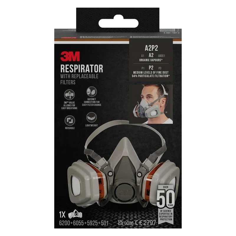 Masca de protecție respiratorie 3M ™ 6002 Kit-1 cu filtre interschimbabile, vapori organici A2P2 (1x6200, 2x6055, 2x5925,...