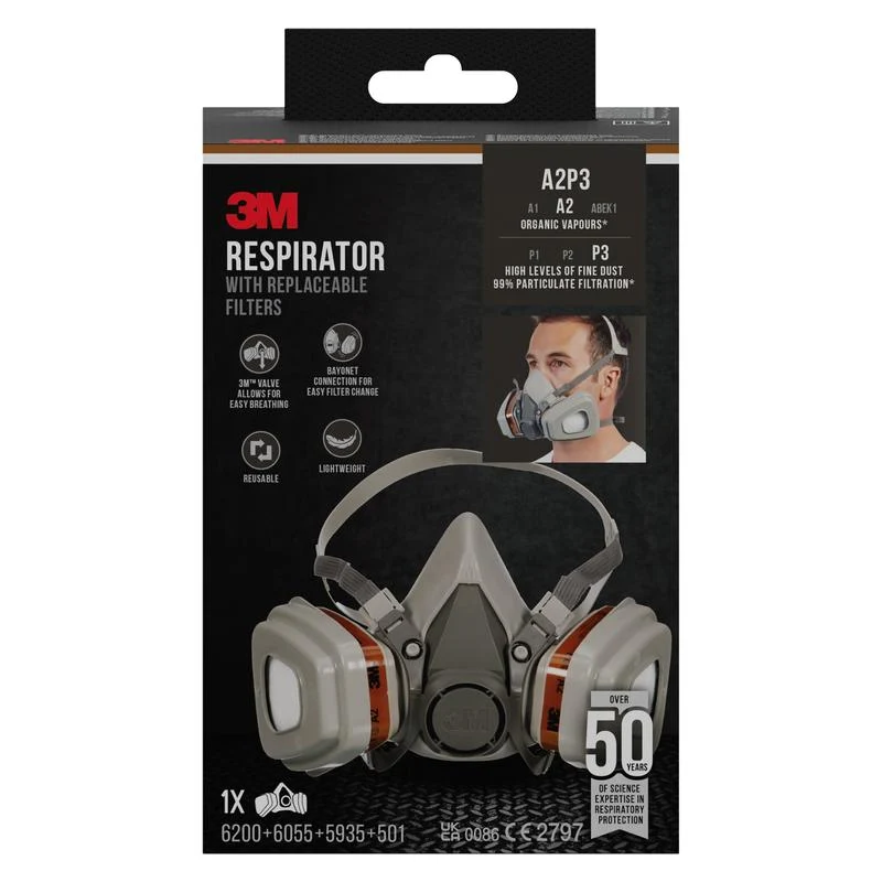 3M ™ respiratorisk skyddsmask 6003 KIT-1 med utbytbara filter, A2P3 Organiska ångor (1x6200, 2x6055, 2x5935, 2x501) | Pack...