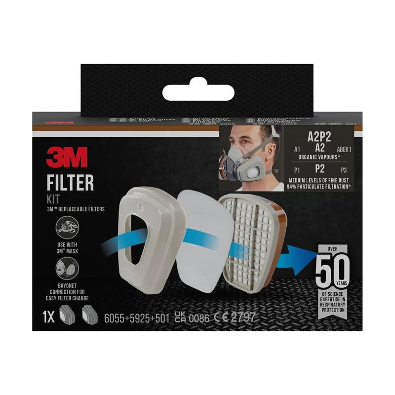 3M™ Filtersatz 6002-1SP, A2P2 organische Dämpfe (2x6055, 2x5925, 2x501) | Packung (1 Stück)