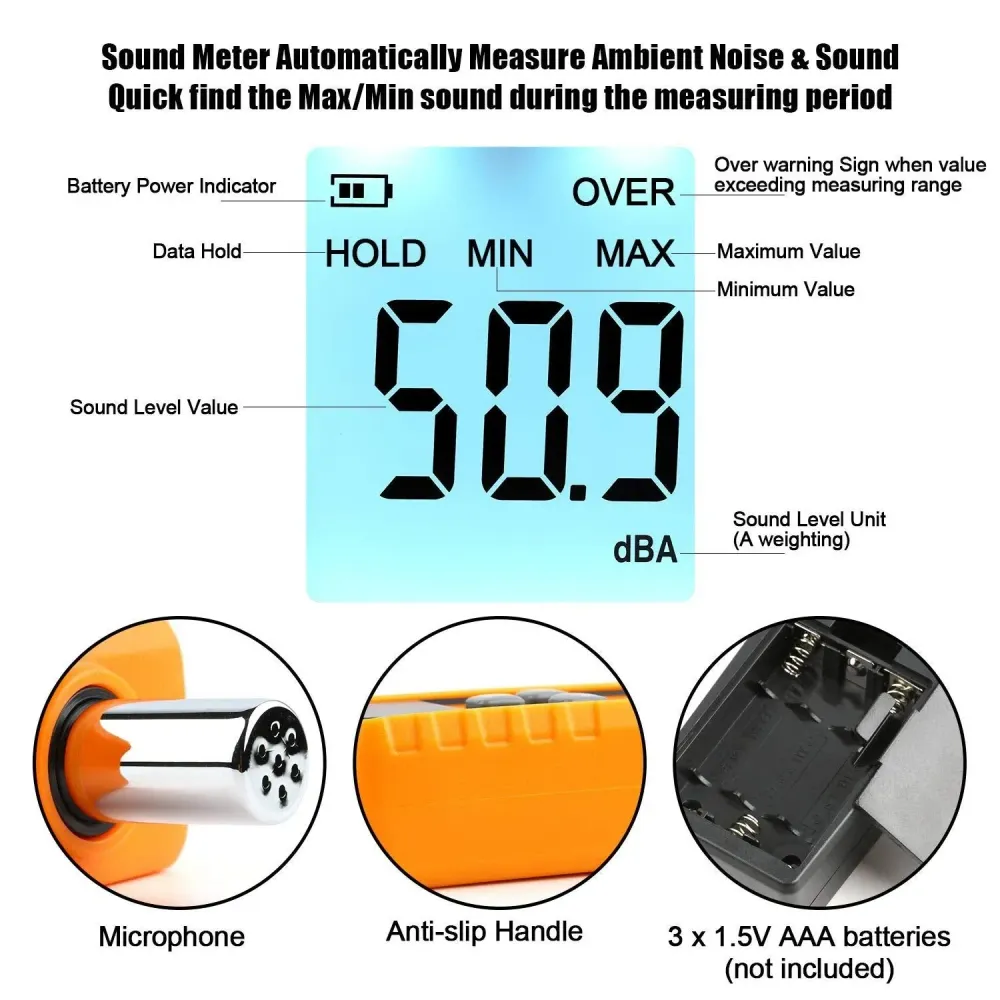 Decibelmetr, digitální měřič hladiny zvuku s rozsahem 30 ž 130 dBA Extreme Meters LLC.