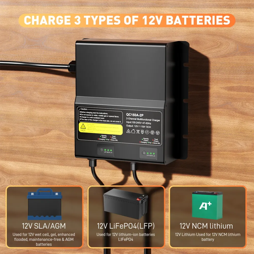 NOEIFEVO 12V 20A 2-bankový (10A/banka) univerzální nabíječ baterií, 12V vodotěsná nabíječka LiFePO4 lithium-olověných bate...