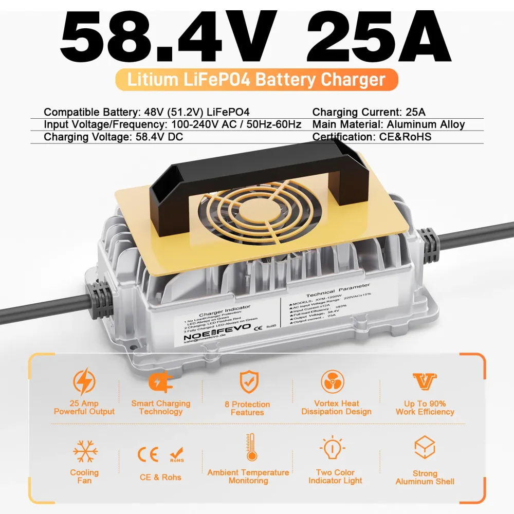 NOEIFEVO 58,4V 25A nabíječ LiFePO4 pro 48V (51,2V) 16S akumulátory, IP67 voděodolný, aktivace BMS z 0V, automatické vypnut...