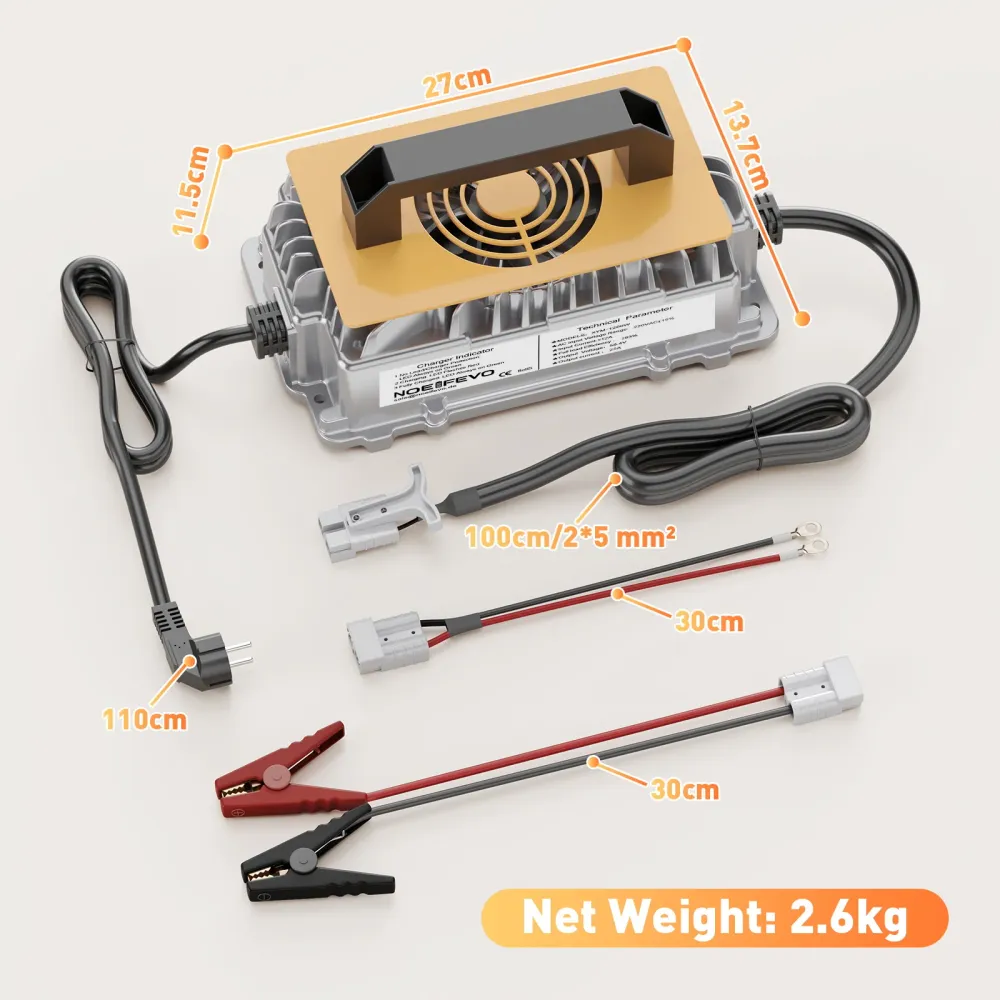 NOEIFEVO 58,4V 25A nabíječ LiFePO4 pro 48V (51,2V) 16S akumulátory, IP67 voděodolný, aktivace BMS z 0V, automatické vypnut...
