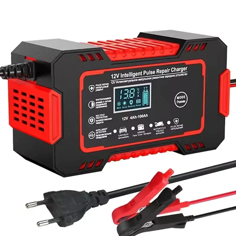 Nabíječka autobaterie 12V 6A, impulsní opravná nabíječka s LCD dotykovým displejem, pro všechny 12V olověné akumulátory st...