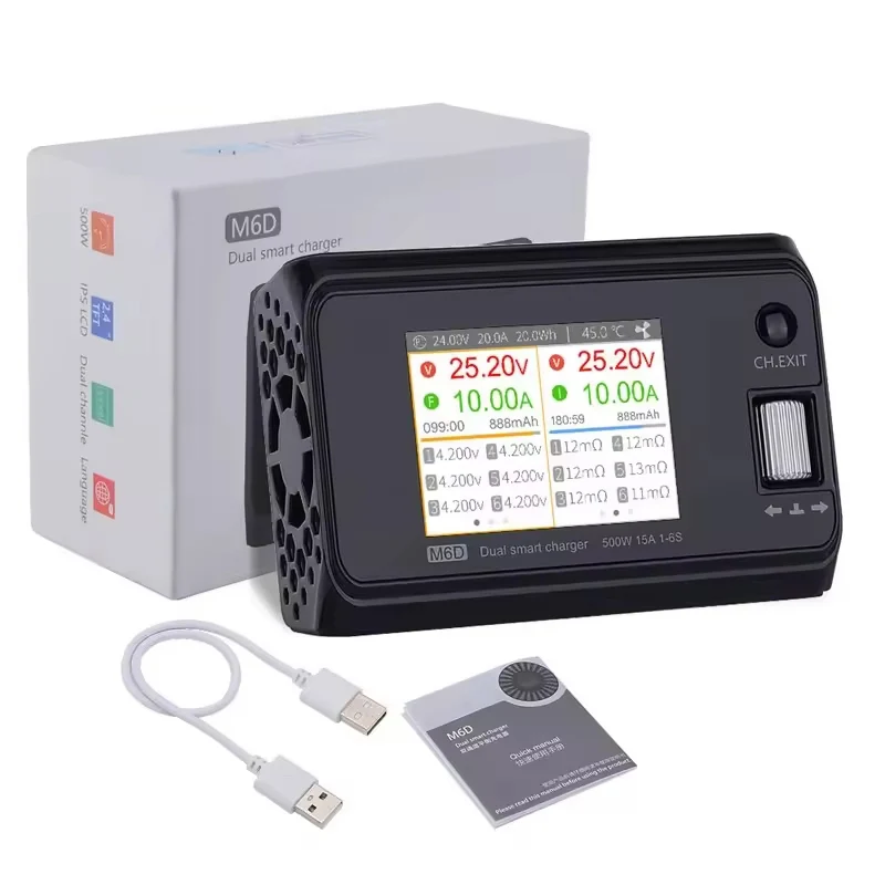 M6D 500W 25A DC Dvokanálový inteligentní vyvažovací nabíjecí vybíjecí zařízení pro 1-6S LiPo/LiHV/LiFe/LiIon, 1-16S NiMH,...