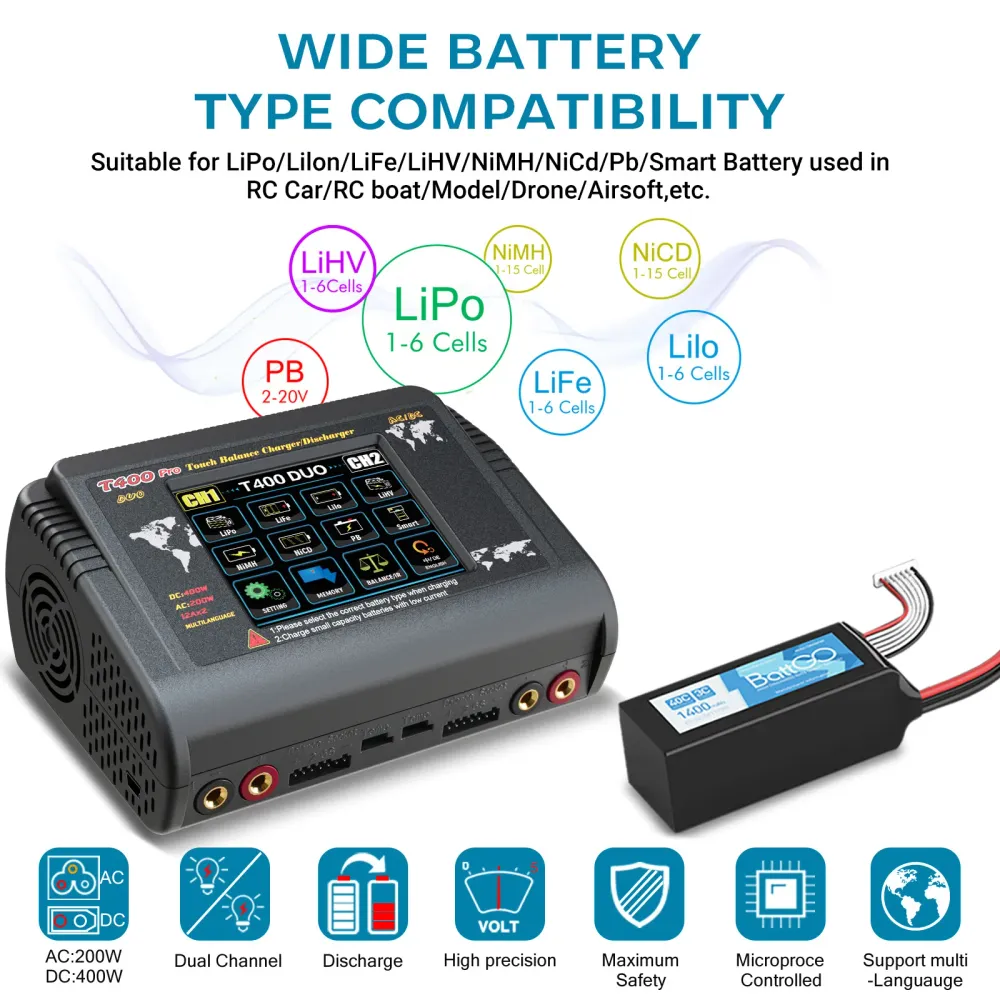 NOEIFEVO T400 Pro RC Nabíječka vybíječka Dvojitý kanál DC 400W AC 200W 12A pro baterie LiHV LiFe Li-ion NiCd NiMh Pb LiPo
