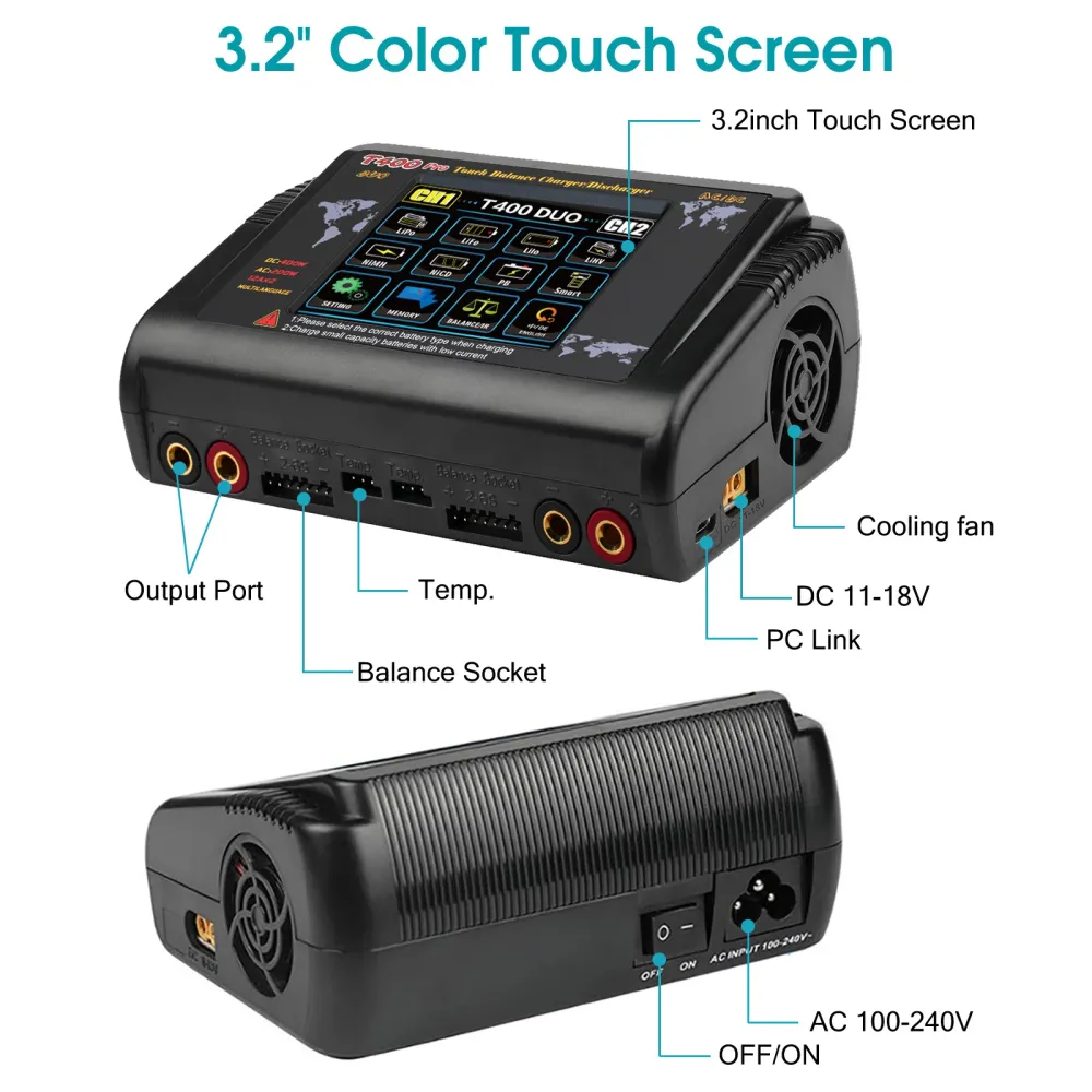 NOEIFEVO T400 Pro RC Nabíječka vybíječka Dvojitý kanál DC 400W AC 200W 12A pro baterie LiHV LiFe Li-ion NiCd NiMh Pb LiPo