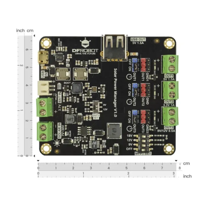 DFRobot Solární správce energie pro 9V/12V/18V solární panely — MPPT s nabíjením 3,7V LiPo