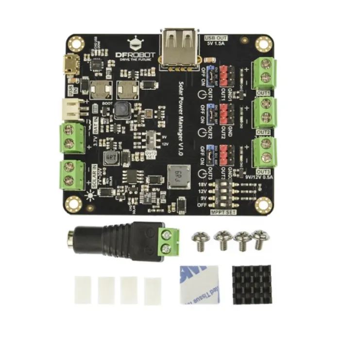 DFRobot Solární správce energie pro 9V/12V/18V solární panely — MPPT s nabíjením 3,7V LiPo