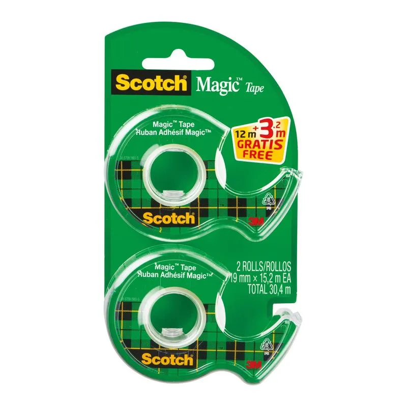 Scotch® Magic™ Unsichtbares Klebeband, 2 Rollen, 19 mm x 12 m + 3,2 m GRATIS + 1 Handabroller | 1 Stück
