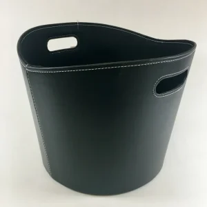 Dřevěný koš 39 cm kulatý černý imitace kůže s plstí uvnitř