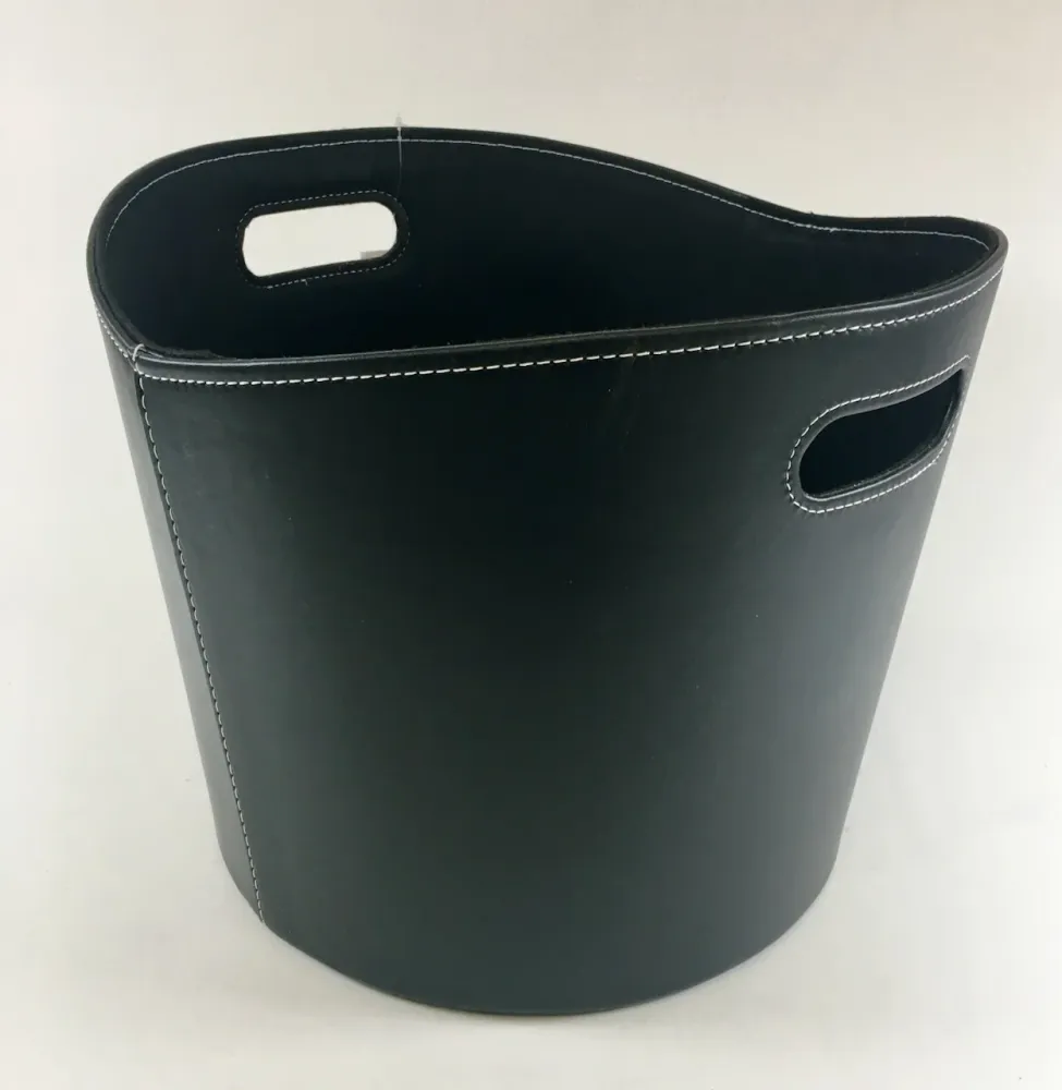 Dřevěný koš 39 cm kulatý černý imitace kůže s plstí uvnitř