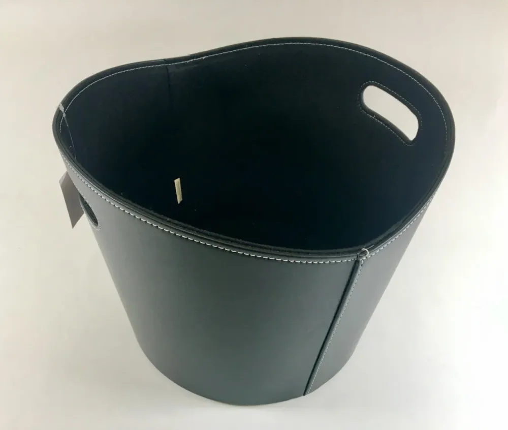 Dřevěný koš 39 cm kulatý černý imitace kůže s plstí uvnitř