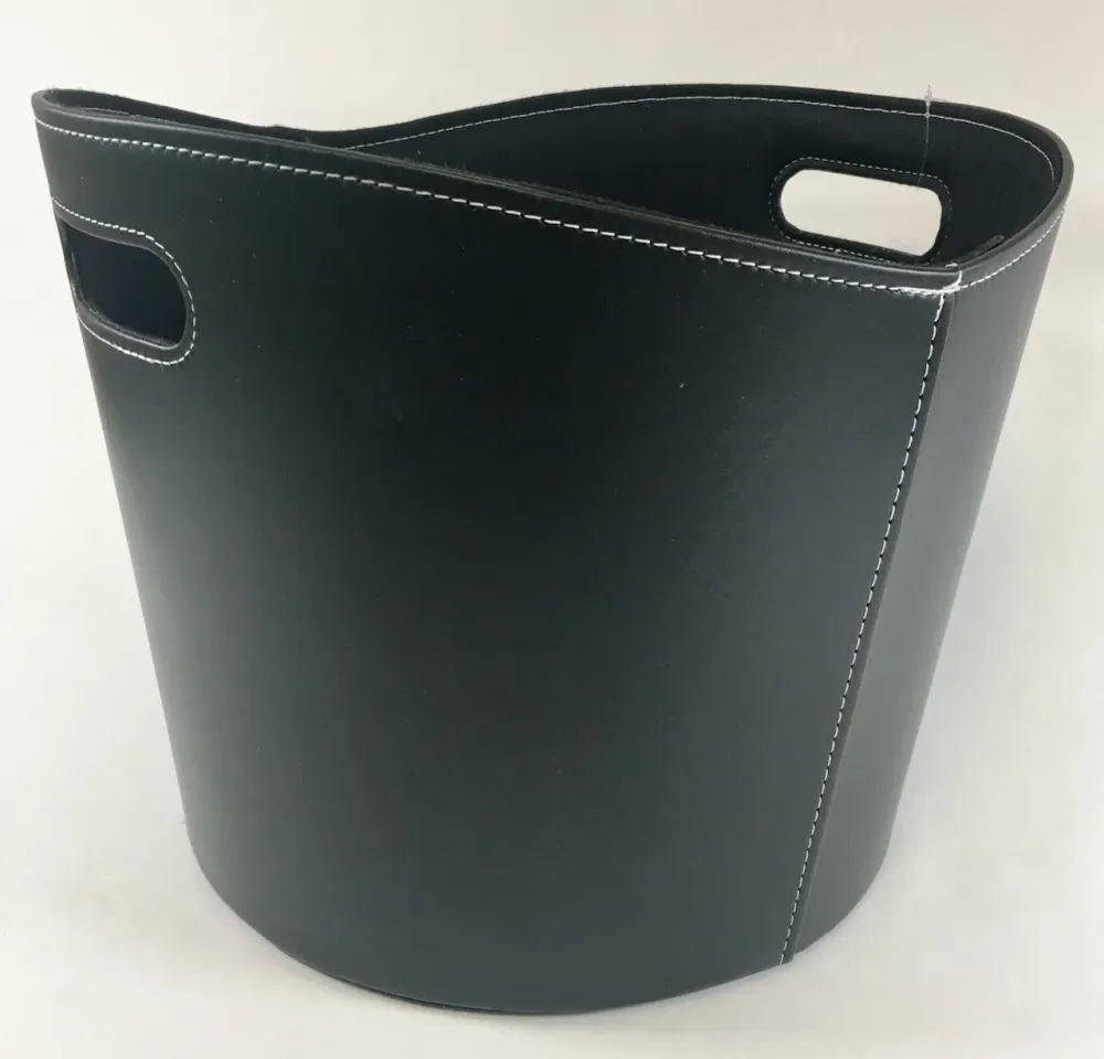 Dřevěný koš 39 cm kulatý černý imitace kůže s plstí uvnitř