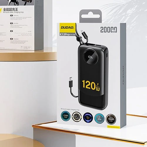 Externí baterie Dudao K13 10000 mAh s integrovaným kabelem - černá
