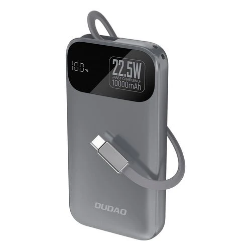 Externí baterie Dudao K31 10000 mAh 22,5 W PD, integrovaný kabel - Šedá