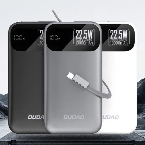 Externí baterie Dudao K31 10000 mAh 22,5 W PD, integrovaný kabel - Šedá