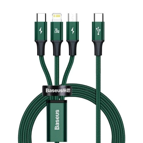 Kabel Baseus Rapid 3 v 1 USB-C/Lightning/micro USB 20W PD 1,5m - zelený