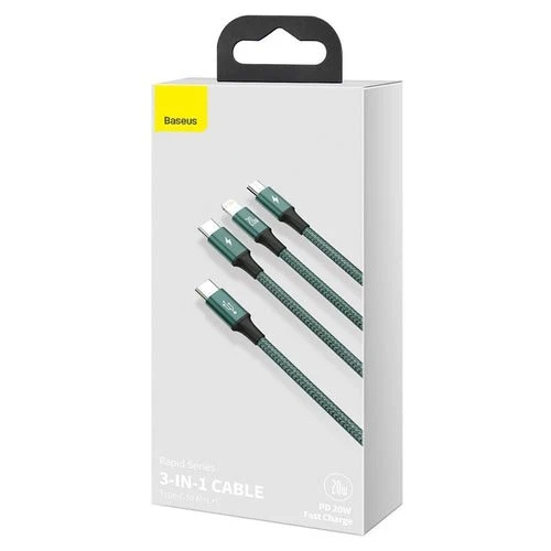Kabel Baseus Rapid 3 v 1 USB-C/Lightning/micro USB 20W PD 1,5m - zelený