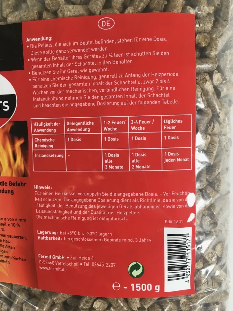 Pelety na odstraňování sazí 1,5kg sáček Čistící pelety Kamna na pelety Kotle na pelety
