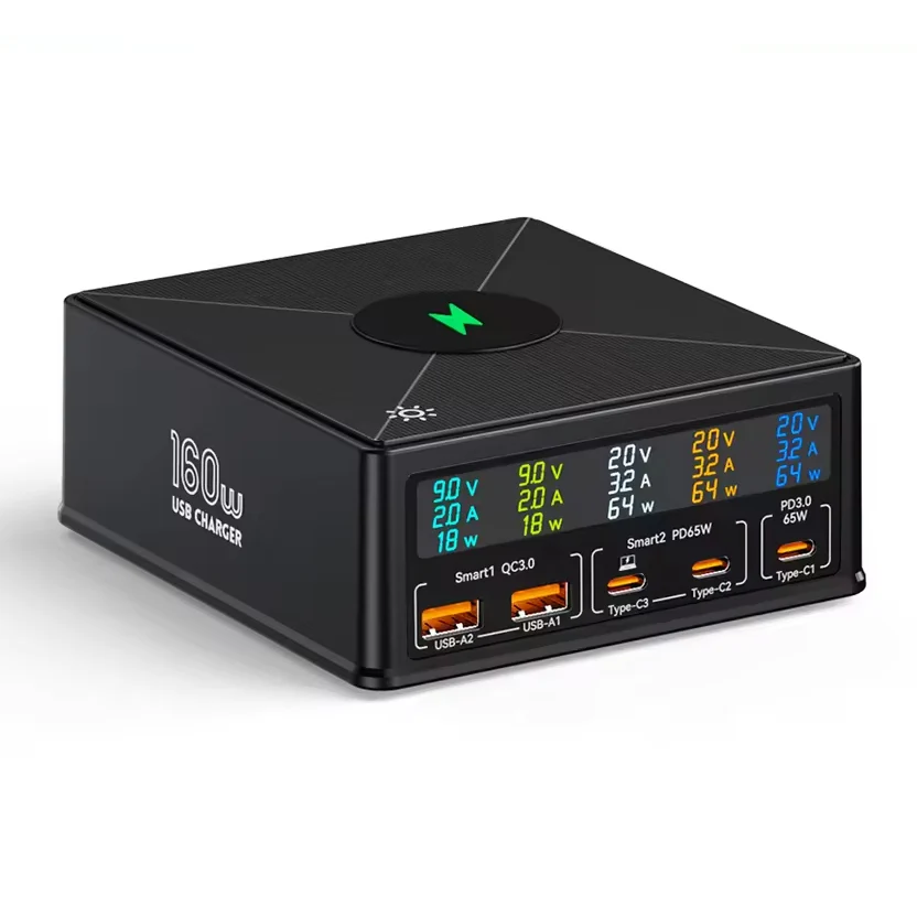 NOEIFEVO 160W 5-port USB nabíječka, 15 W bezdrátová nabíjecí stanice, PD 65W QC3.0 Type-C rychlá nabíječka, kompatibilní s...