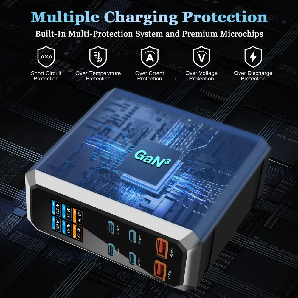 NOEIFEVO 240W USB-nabíjecí stanice se 6 porty, PD3.1 140W USB-C & PPS/PD USB- nabíječka – stolní rychlonabíjecí stanice ko...