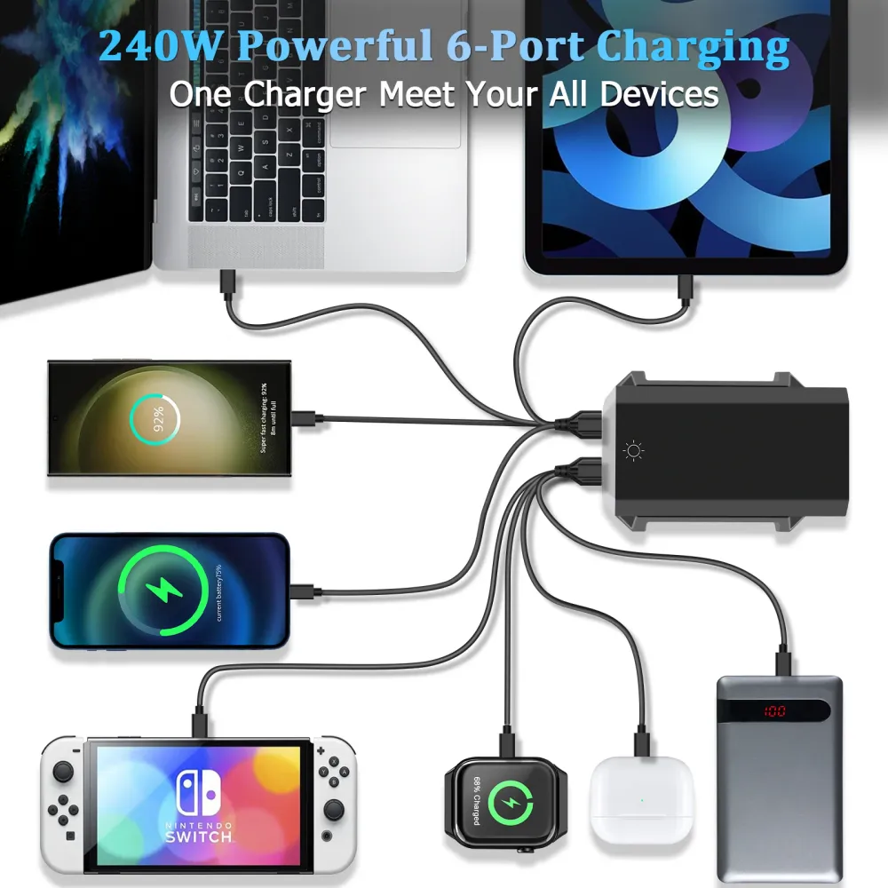 NOEIFEVO 240W USB-nabíjecí stanice se 6 porty, PD3.1 140W USB-C & PPS/PD USB- nabíječka – stolní rychlonabíjecí stanice ko...