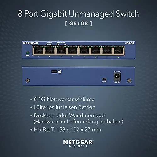 NETGEAR GS108GE LAN přepínač 8portový síťový přepínač (Plug-and-Play Gigabitový přepínač LAN Splitter, LAN Distributor, Et...