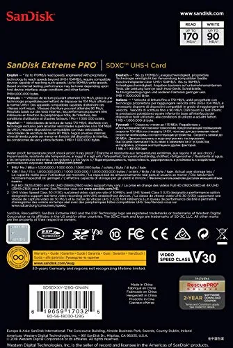 Paměťová karta SanDisk Extreme Pro SDXC UHS-I 128 GB (V30, přenosová rychlost 170 MB/s, U3, 4K UHD videa, teplotně odolná)...