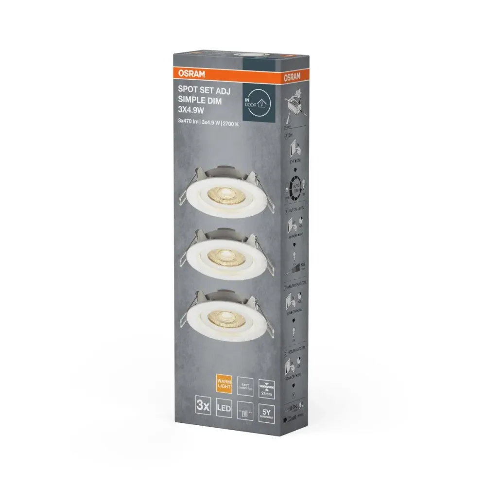 3 ks stmívatelné LED stropní bodovky 5W bílé, teplá bíla OSRAM