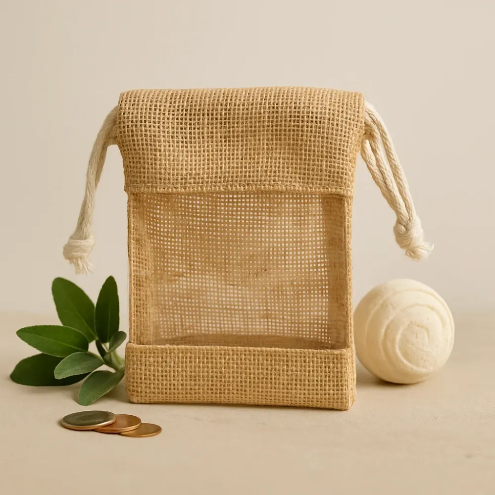 Malý jutový pytlík se stahovací šňůrkou průhledným okénkem 16x10cm