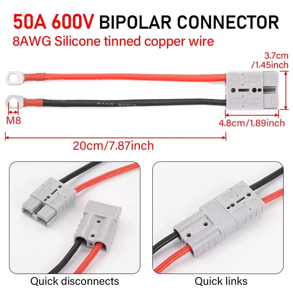 50A 600V vysokoproudové připojení, Anderson 50A na M8 rychlé bateriové připojení, 8 AWG 20 cm elektrický kabel pro LiFePO4...
