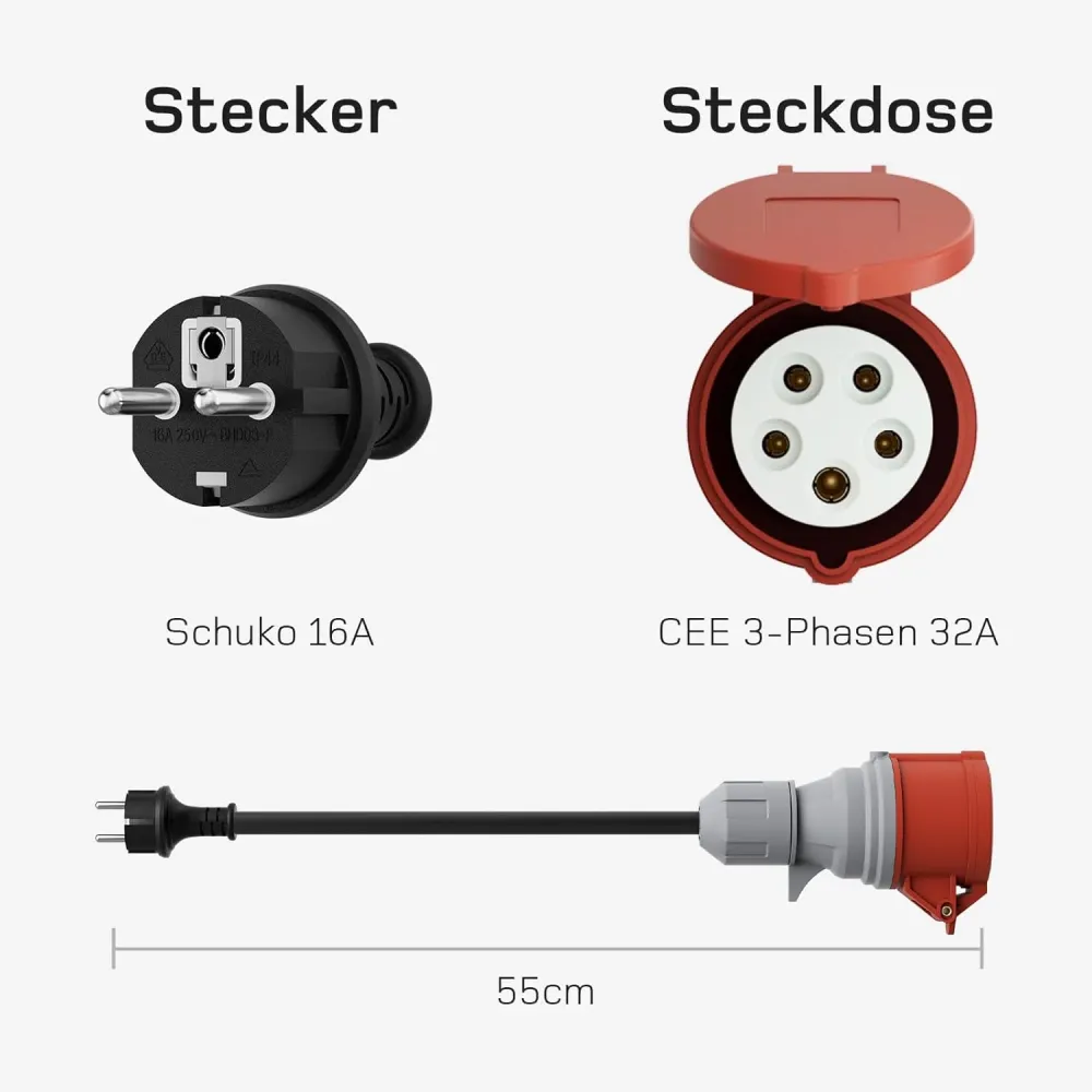 CEE 32A 5pin zásuvka na EU Schuko zástrčku, Schuko adaptér pro 22KW 16A 3fázovou EV nabíječku