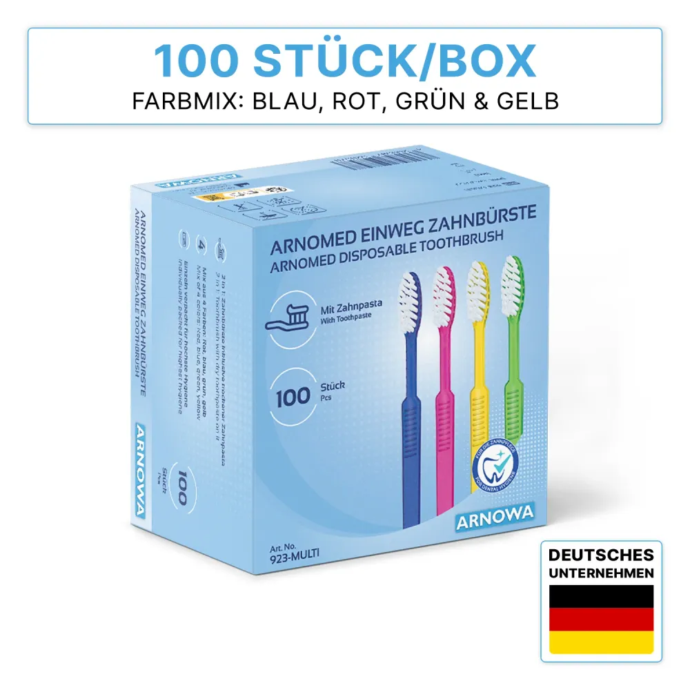 ARNOMED Einweg Zahnbürsten mit Zahnpasta, Dentalprodukte | Box (100 Stück)