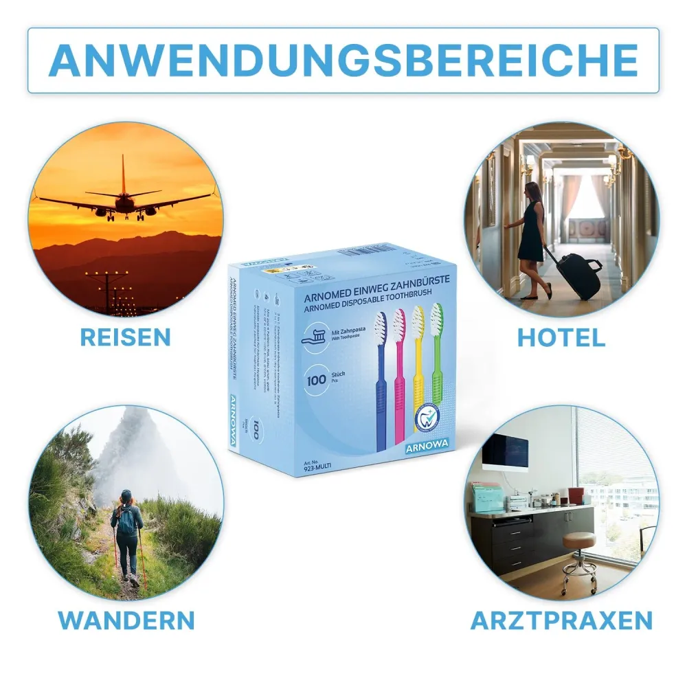 ARNOMED Einweg Zahnbürsten mit Zahnpasta, Dentalprodukte | Box (100 Stück)