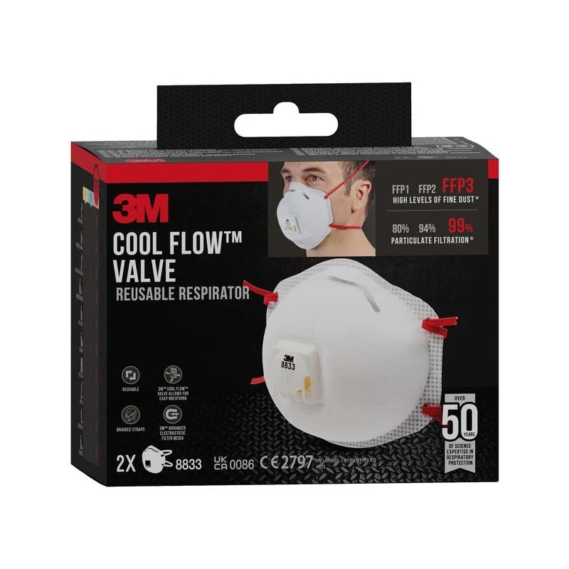 3M ™ Cool Flow ™ Partikelmask 8833, FFP3, med ventil, 2er pack | Pack (1 bit)