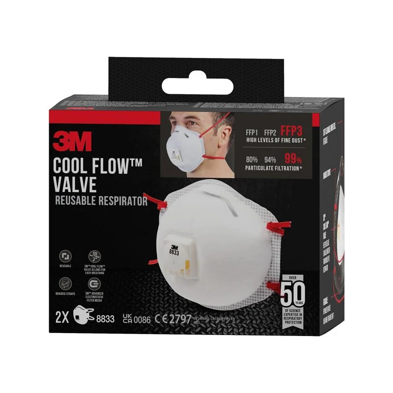3M ™ Cool Flow ™ Partikelmask 8833, FFP3, med ventil, 2er pack | Pack (1 bit)