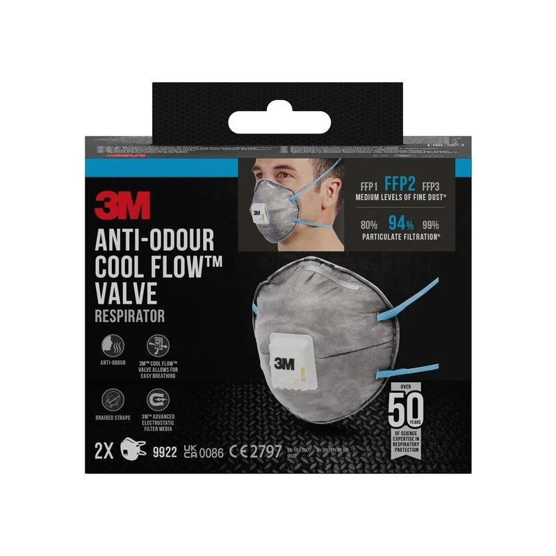Masca de particule 3M ™ Cool Flow ™ 9922, FFP2, inhibarea mirosului, cu supapă, 2-pachet | Pachet (1 bucată)