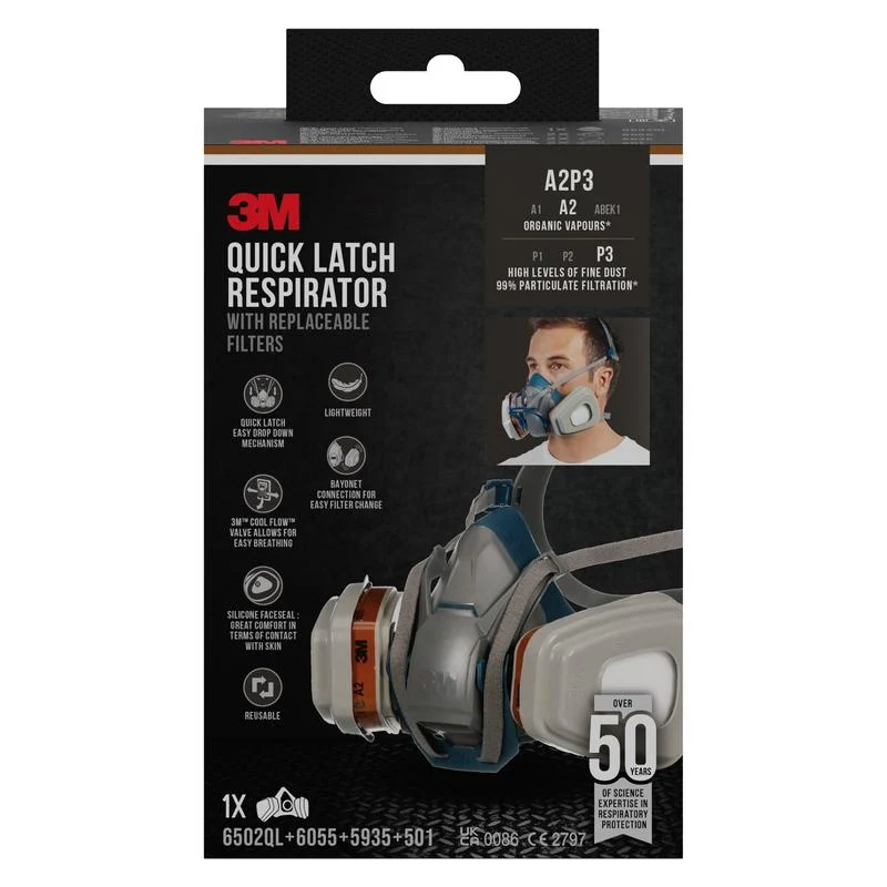 3M ™ Masca de protecție cu tăiere rapidă 6502qlkit-1 cu filtre interschimbabile, vapori organici A2P3 (1x6502, 2x6055, 2x5...