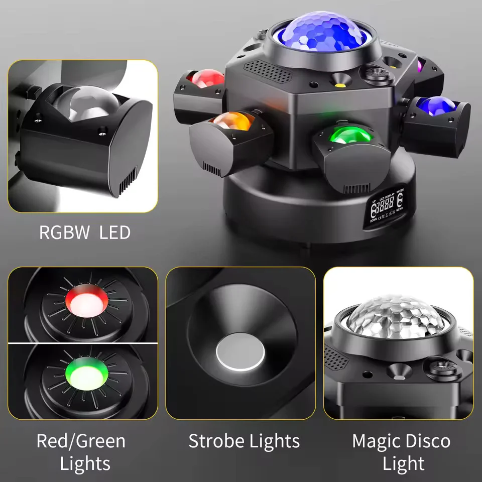 120W šestiramenné scénické světlo, Moving Head s RGBW 4v1 efektem DMX512 ovládáním, vhodné pro diskotéky, party, koncerty,...