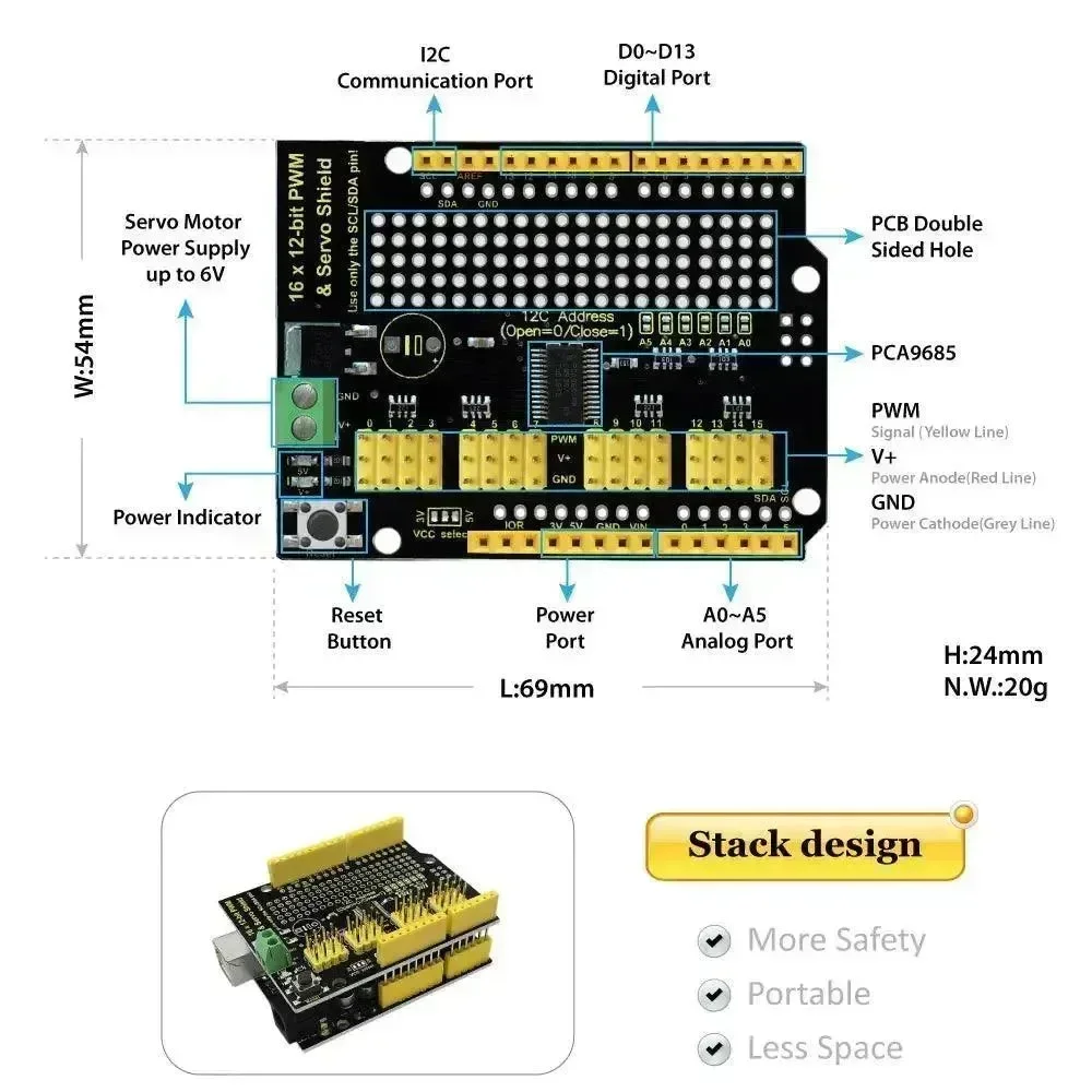 KeyeStudio 16kanálový štít pro řízení servomotorů pro Arduino UNO R3