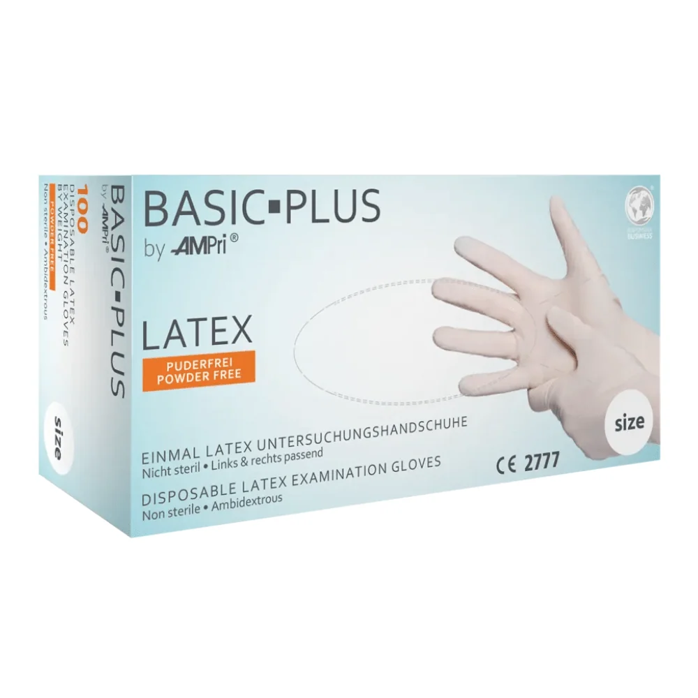 AMPri BASIC-PLUS Latexhandschuhe puderfrei, weiß | Box (100 Stück) Xs