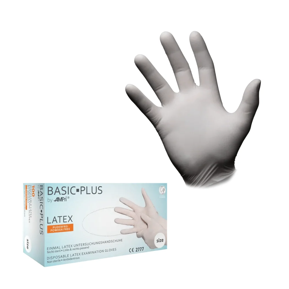 AMPri BASIC-PLUS Latexhandschuhe puderfrei, weiß | Box (100 Stück) Xs